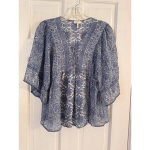 Joie Women's Sz S Silk Blouse Blue White French Pattern Tassels Boho Lightweight